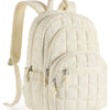A cream-colored quilted laptop backpack with light beige straps and zipper details.