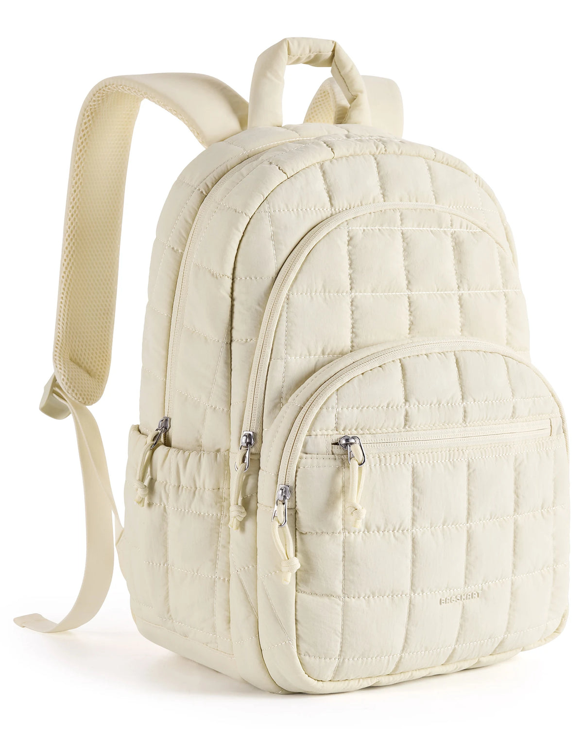 A cream-colored quilted laptop backpack with light beige straps and zipper details.
