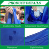 Blue reusable foldable grocery tote bags showing details like a comfortable handle, independent pocket, waterproof material, 