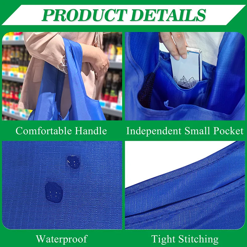 Blue reusable foldable grocery tote bags showing details like a comfortable handle, independent pocket, waterproof material, 