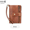 A brown leather wallet with a zipper and a strap, designed for RFID protection.