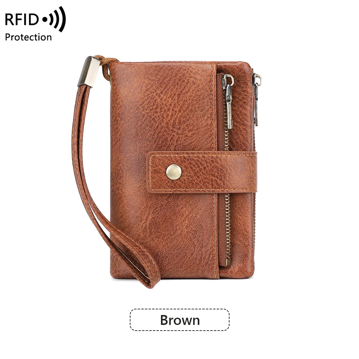 A brown leather wallet with a zipper and a strap, designed for RFID protection.