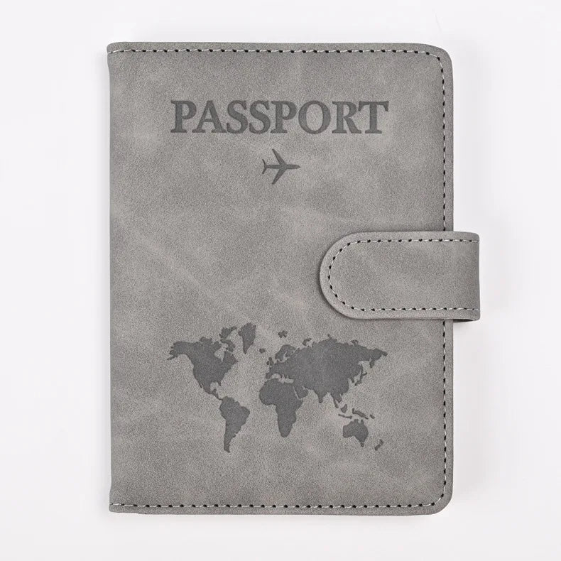Graues Leder-Reisepass-Wallet mit Weltkarten-Design