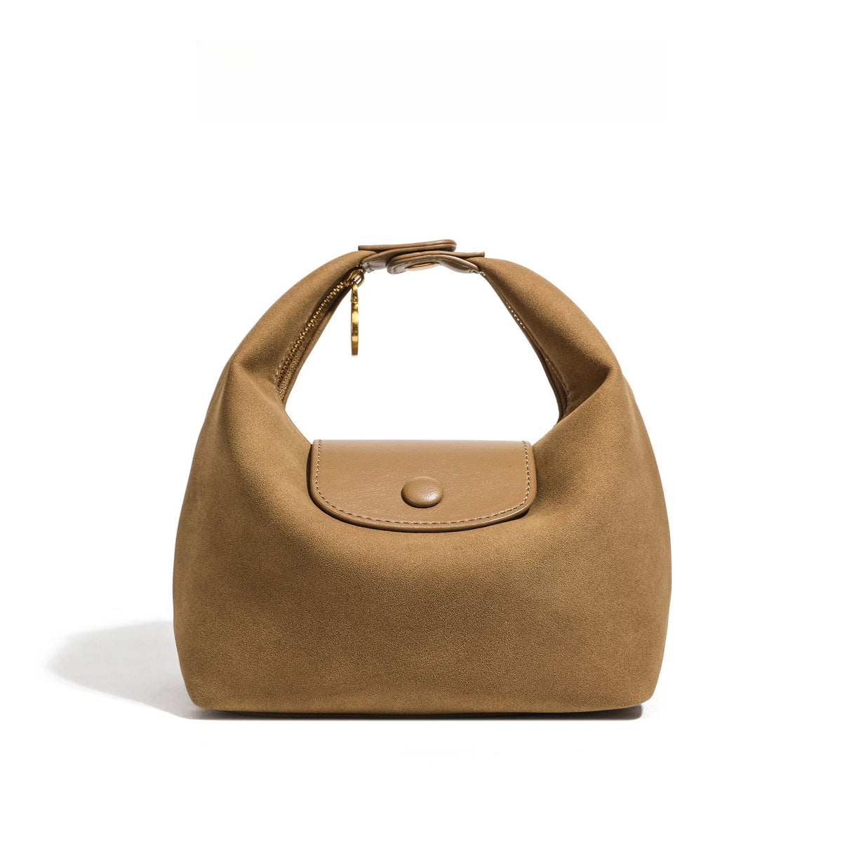 A tan nylon dumpling crossbody shoulder bag with a flap closure and gold hardware.