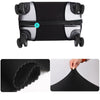 A black protective cover for luggage, shown with a numbered detail and close-ups of the fabric texture.