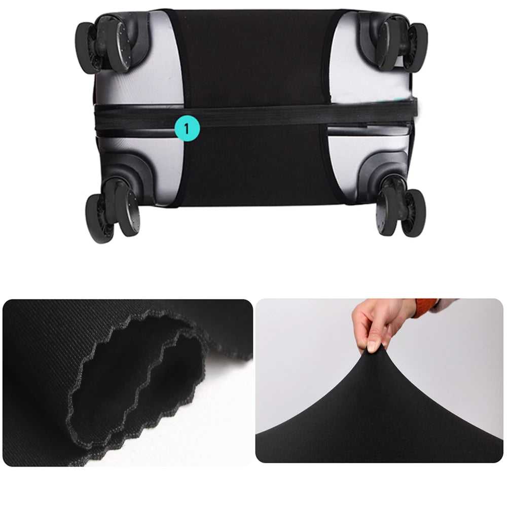 A black protective cover for luggage, shown with a numbered detail and close-ups of the fabric texture.