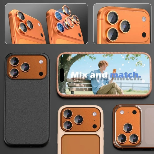 A set of orange and gold HD tempered glass lens protectors for iPhone cameras shown in various angles.