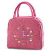 A pink insulated canvas lunch bag featuring various food icons like a fork, tomato, and sandwich.