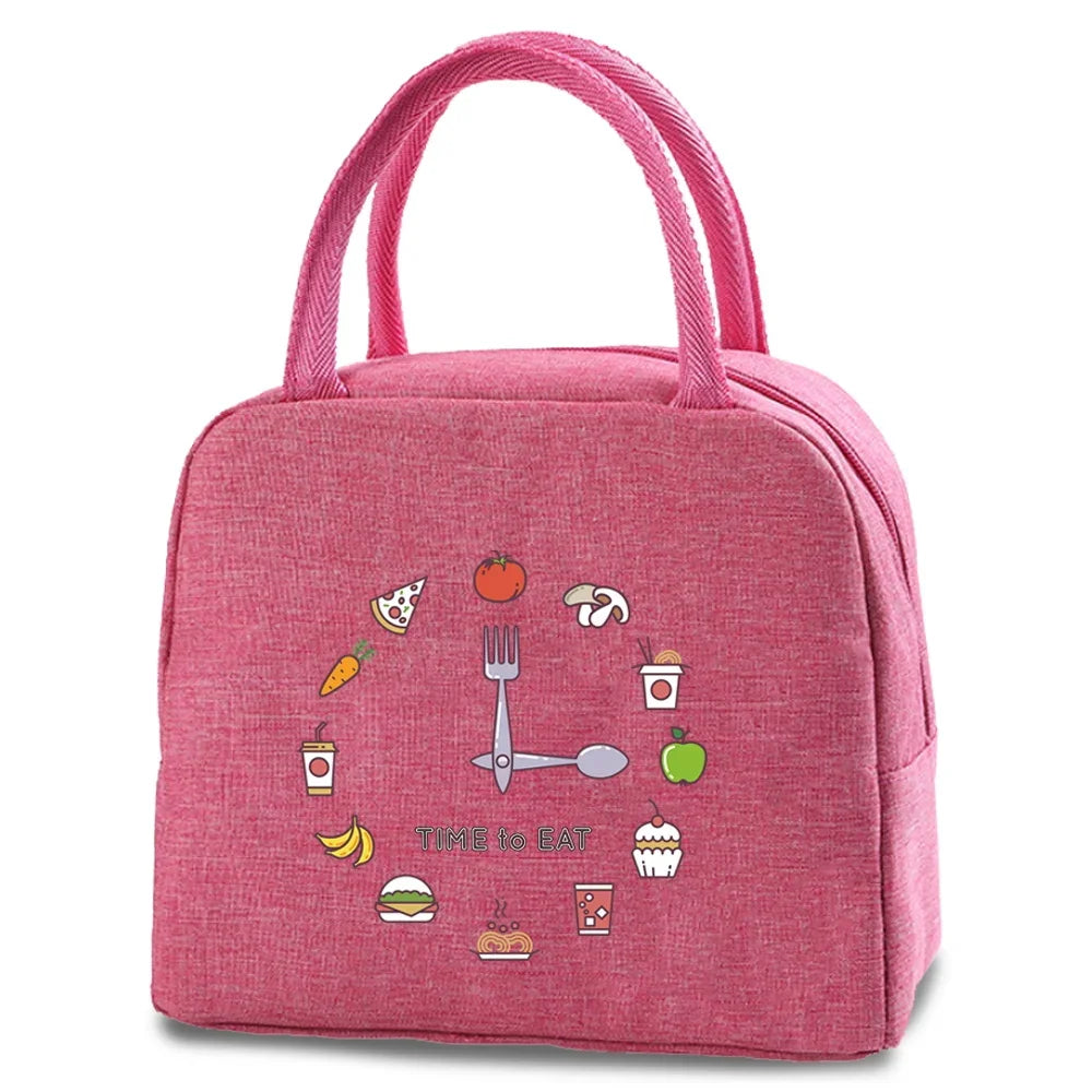 A pink insulated canvas lunch bag featuring various food icons like a fork, tomato, and sandwich.