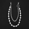 Silver chain necklace with square dice charms and a lobster clasp, designed as a waist chain accessory.