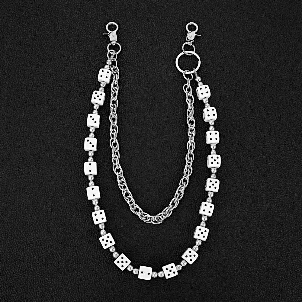 Silver chain necklace with square dice charms and a lobster clasp, designed as a waist chain accessory.