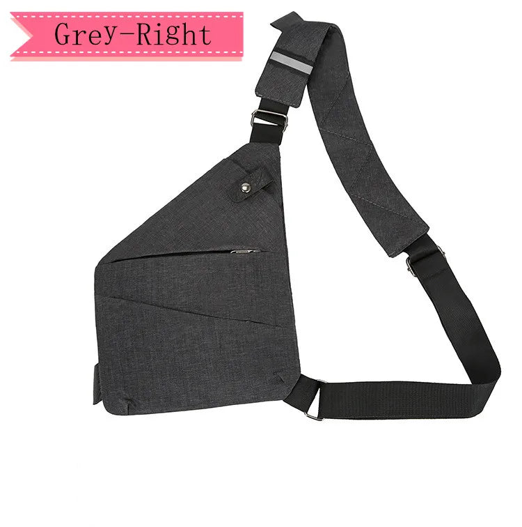 A grey anti-theft crossbody chest bag for men with a strap shown against a white background.