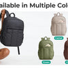 A woman is sitting and carrying a black laptop backpack, with various color options displayed nearby.
