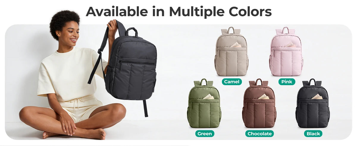 A woman is sitting and carrying a black laptop backpack, with various color options displayed nearby.