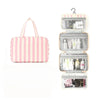 Bolsa de tocador colgante de 4 pliegues a rayas rosa y blanco con múltiples compartimentos.