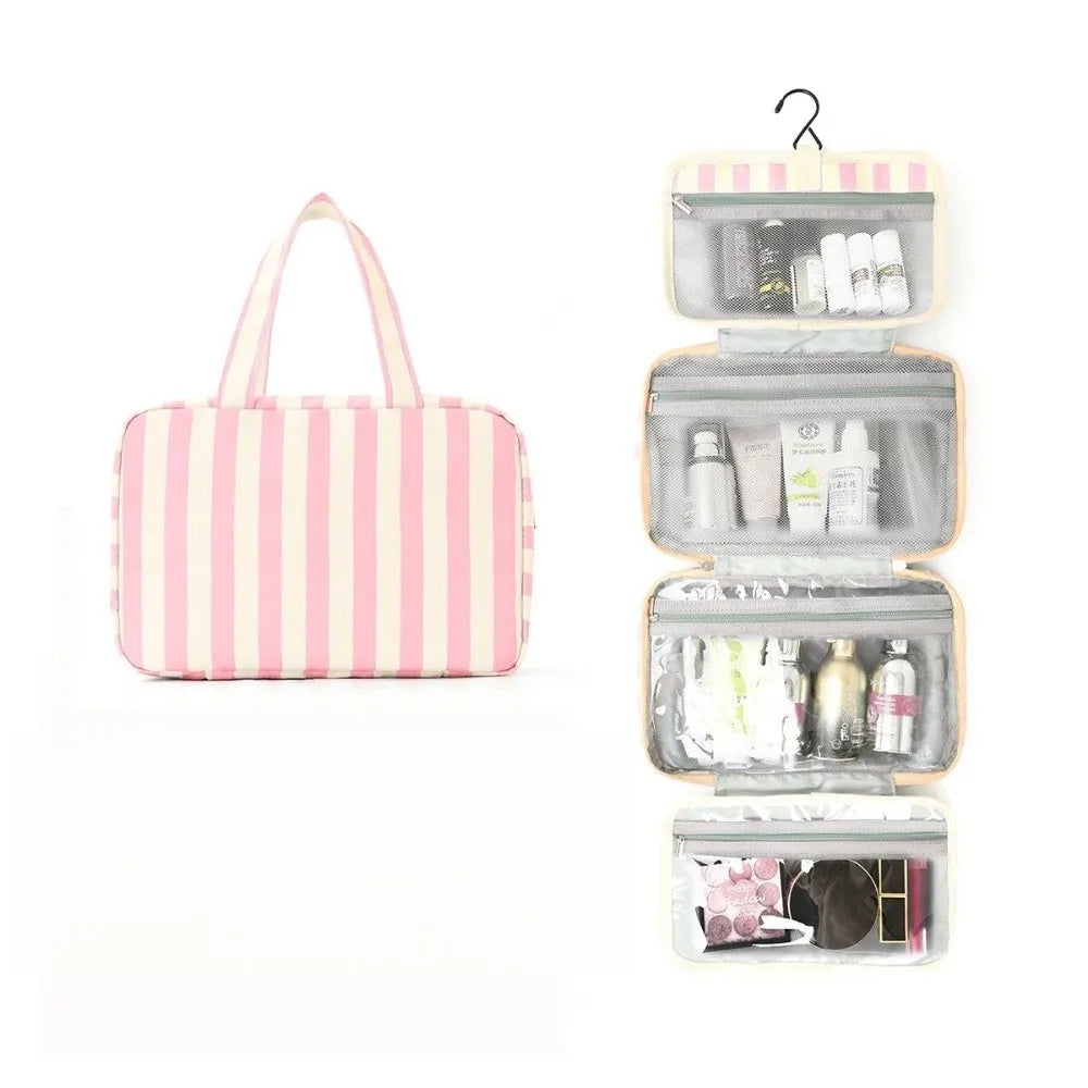 Bolsa de tocador colgante de 4 pliegues a rayas rosa y blanco con múltiples compartimentos.