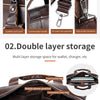 A brown leather briefcase bag showing various storage features like pull cards, handles, and multiple compartments.