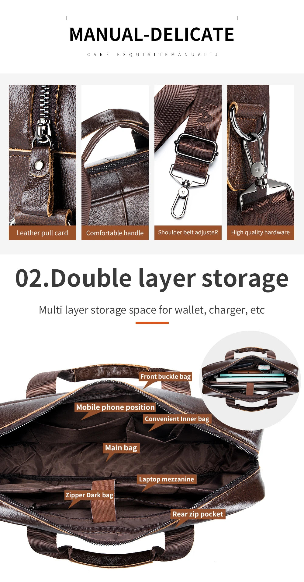 A brown leather briefcase bag showing various storage features like pull cards, handles, and multiple compartments.