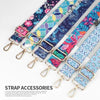 A collection of colorful nylon bag straps featuring floral and geometric patterns for crossbody and shoulder use.