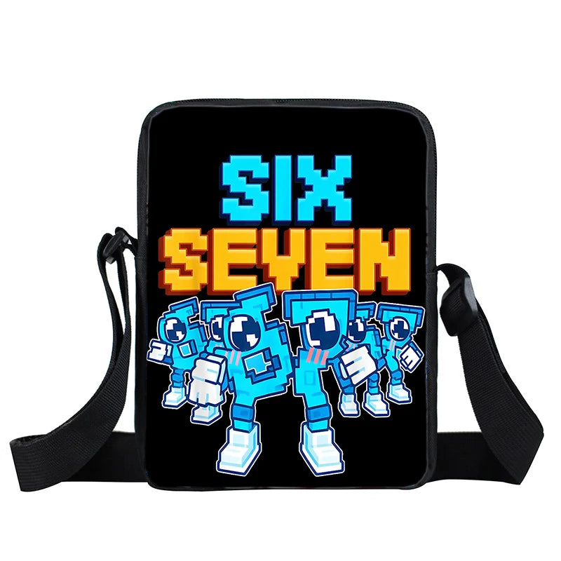 A black pouch featuring the text SIX SEVEN in bright blue and orange pixelated font.