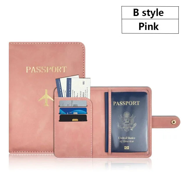 A pink B style passport and ID holder cover featuring a leather-like finish and displaying a passport inside.