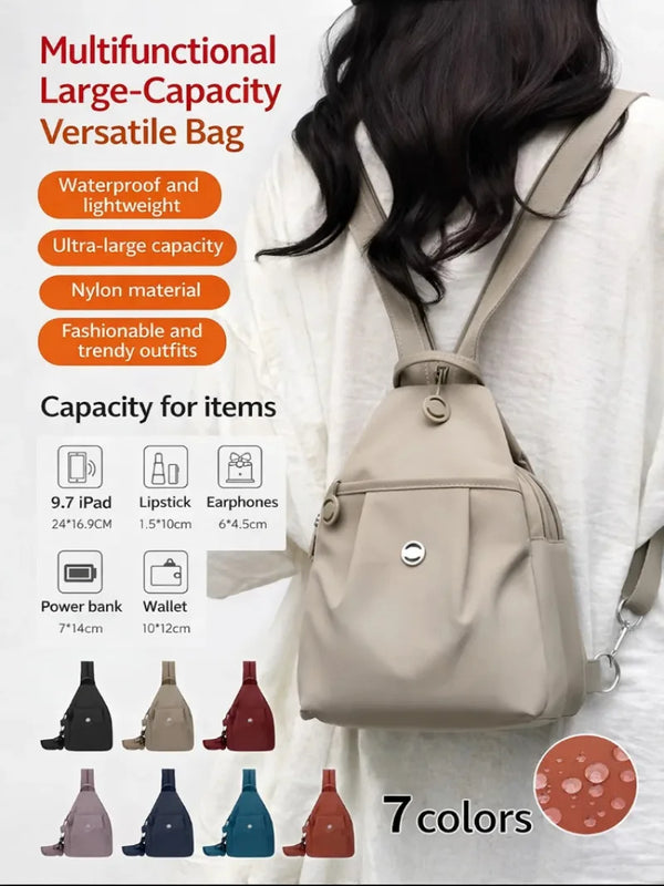 A beige multifunctional large-capacity versatile nylon backpack worn by a woman.