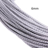 Close-up of a silver braided leather cord, 6mm in diameter.