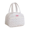 White quilted insulated lunch tote bag with handles and a zippered pocket