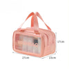 A pink dry-wet separation sports pouch with a clear window and pink fabric handles.
