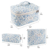 Light blue floral quilted cotton makeup organizer set shown in multiple views.