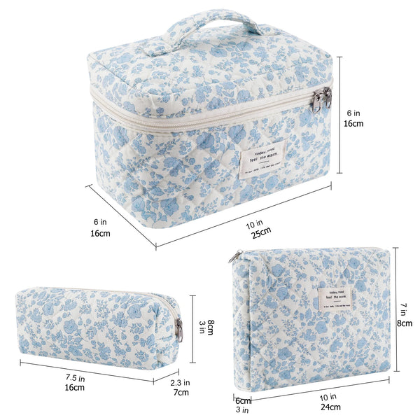 Light blue floral quilted cotton makeup organizer set shown in multiple views.
