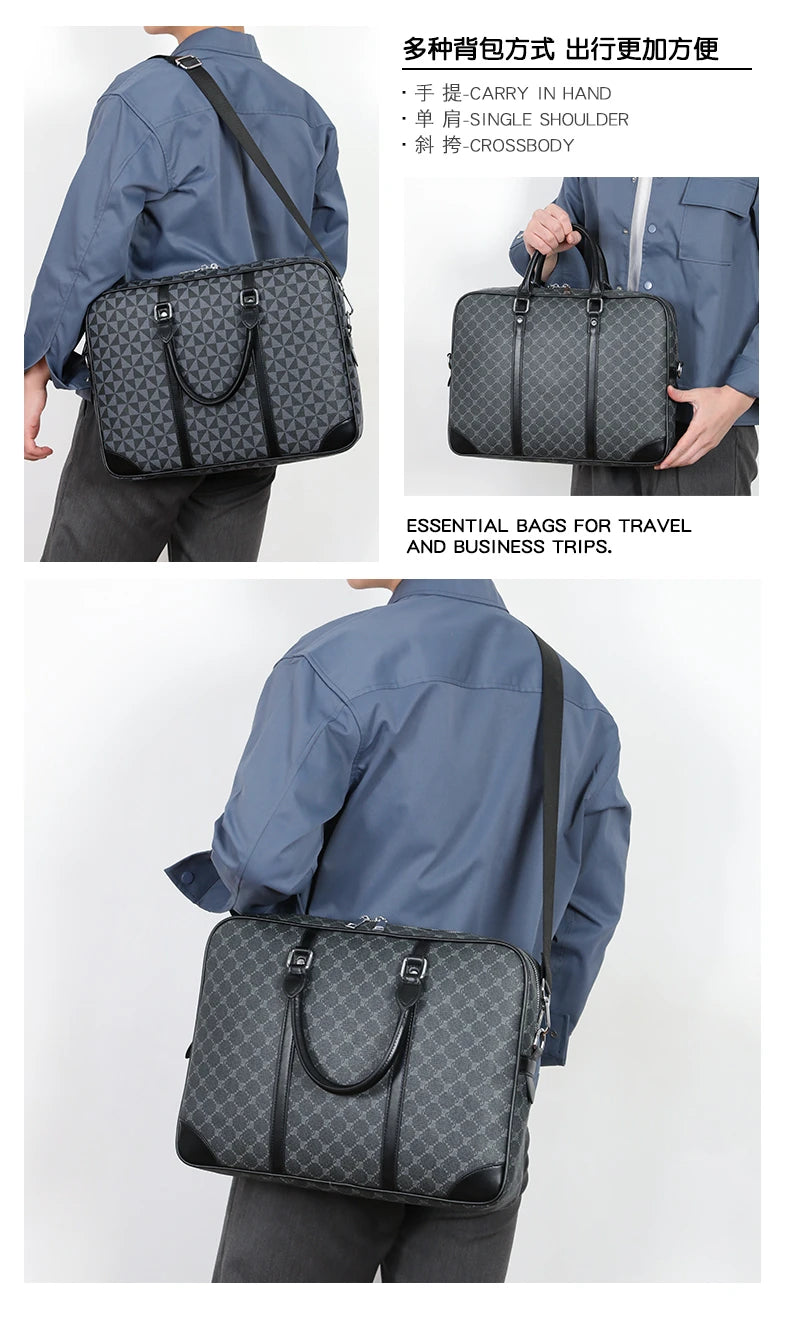 A dark gray executive PU leather laptop briefcase with a black shoulder strap being carried by a person.