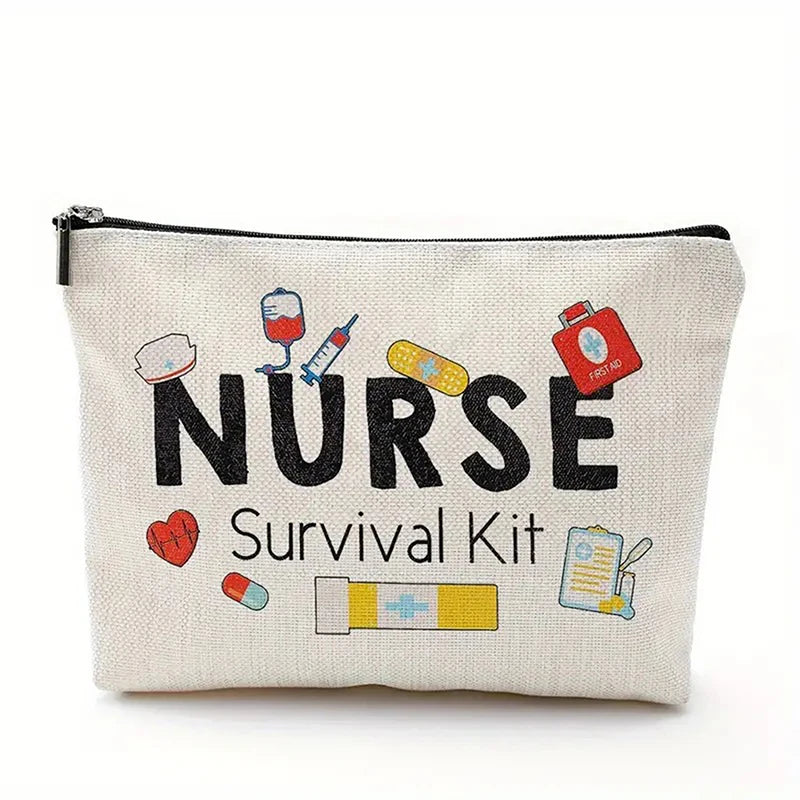 A beige zippered pouch featuring a graphic design with the word NURSE and a survival kit elements.