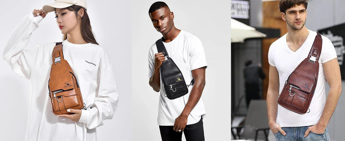 A man wearing a white t-shirt holds a brown PU leather crossbody sling bag.