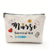 A beige zippered pouch labeled Nurse Survival Kit featuring medical symbols and a heart.