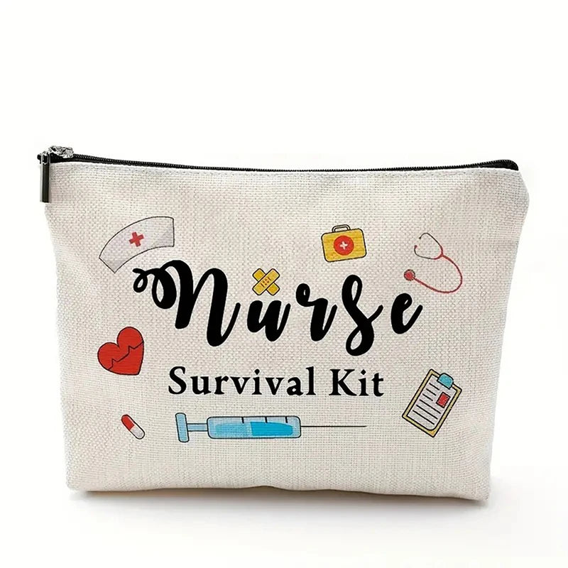 A beige zippered pouch labeled Nurse Survival Kit featuring medical symbols and a heart.