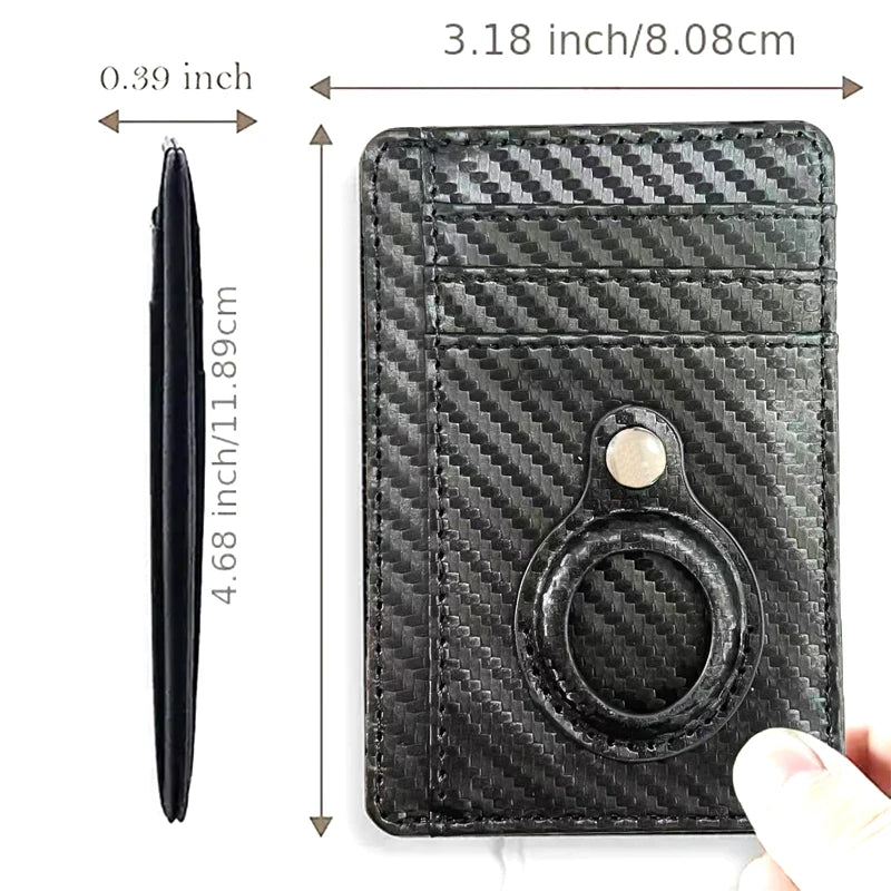 Black textured leather RFID blocking card holder wallet shown in profile view