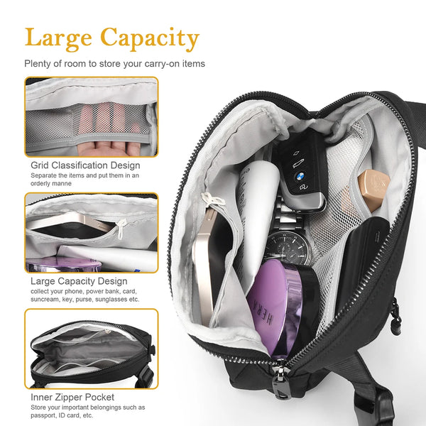 Bolso cruz de nylon negro mostrando diversas organizaciones internas y capacidad de almacenamiento.