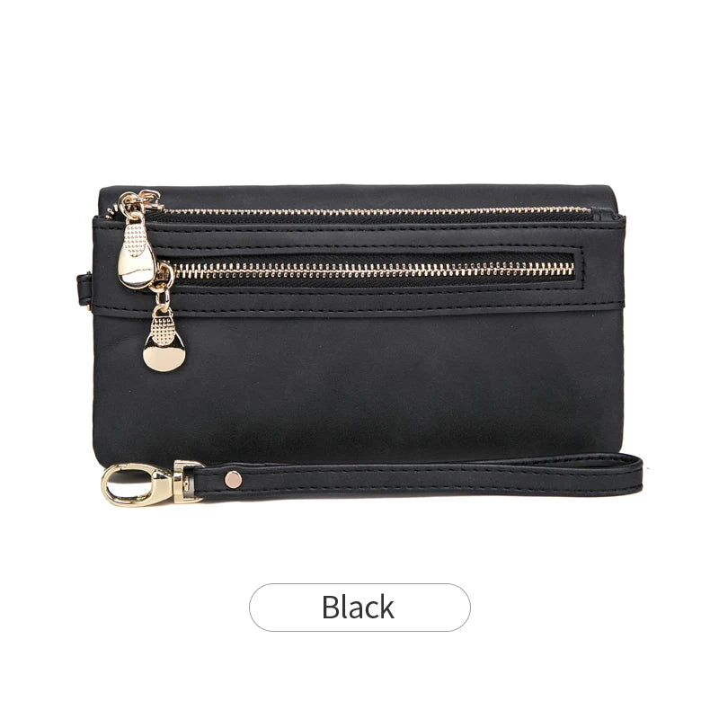 Black retro long wallet with a double zipper and multiple card slots