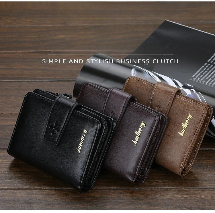 A set of brown and black PU leather business clutches and card holders displayed on a wooden surface.
