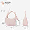 A light pink quilted nylon shoulder bag with an adjustable strap shown in various dimensions.