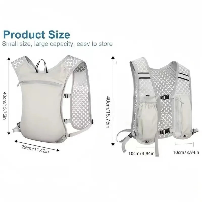 A white adjustable hydration running vest shown from the front and side, highlighting its storage capacity.