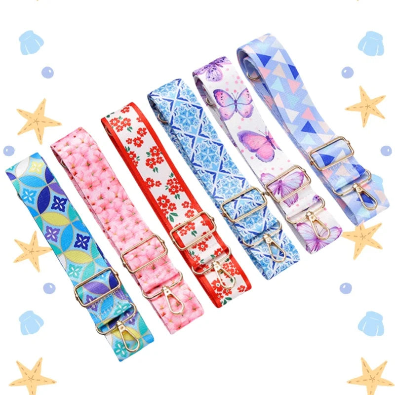 Colorful diagonal shoulder straps featuring floral and butterfly patterns for bags