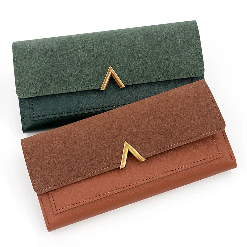A tri-fold PU card holder wallet in olive green and brown leather with gold accents.