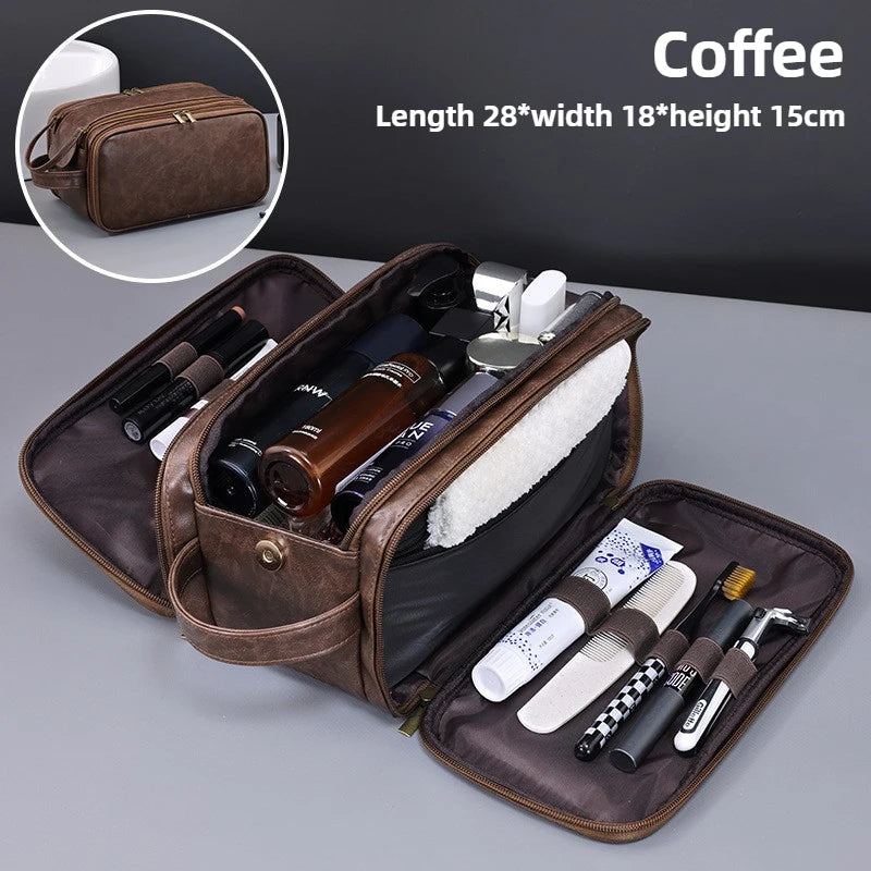 A brown PU leather travel toiletry bag with organizer pockets shown open, displaying various grooming and cosmetic items.
