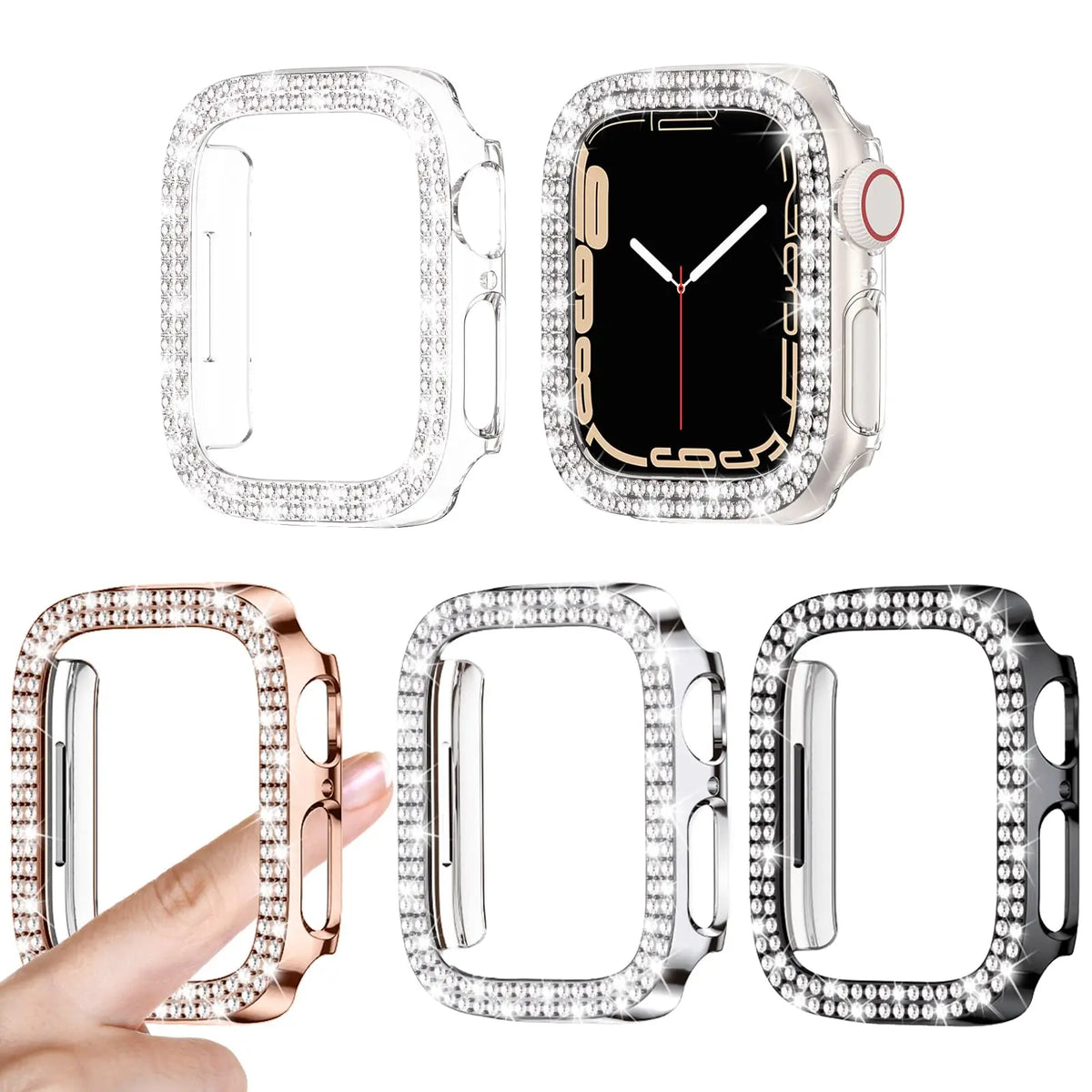 A collection of glitter diamond rhinestone bumper cases for an Apple Watch shown in various angles and colors.