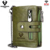 A green leather bifold wallet with a silver clasp and a zipper, featuring RFID blocking protection.