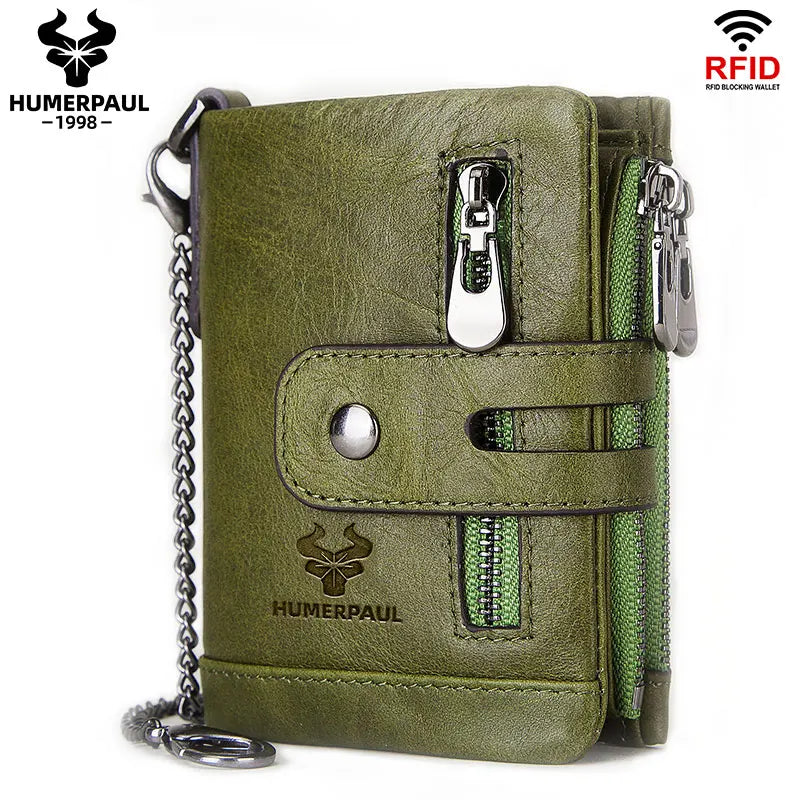 A green leather bifold wallet with a silver clasp and a zipper, featuring RFID blocking protection.