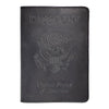 A black genuine leather passport holder featuring the United States of America eagle emblem and text.