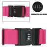 A black luggage security strap with a pink nylon webbing and a combination lock design.